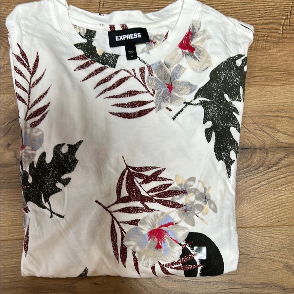 Express White Tee with Red and Black Floral Design